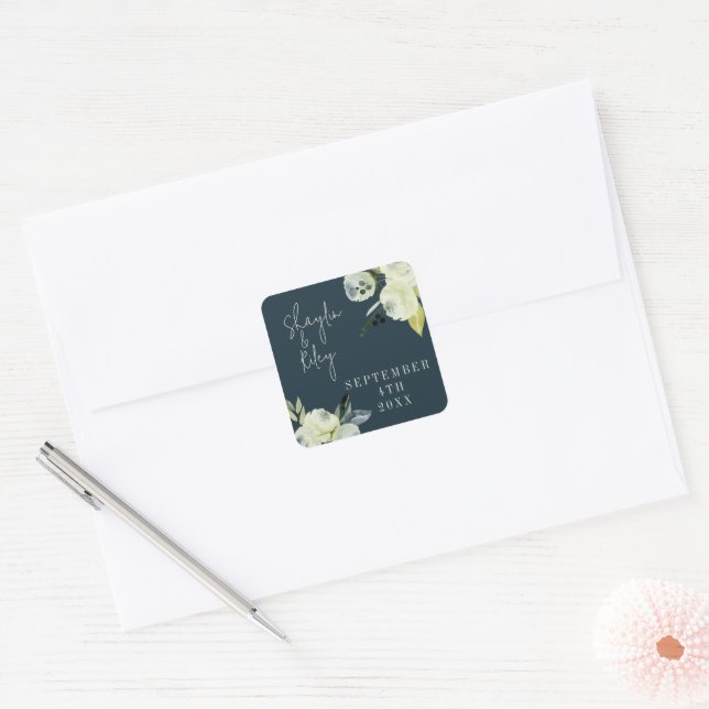 Enchanted Floral Midnight Blue Wedding Square Sticker (Envelope)