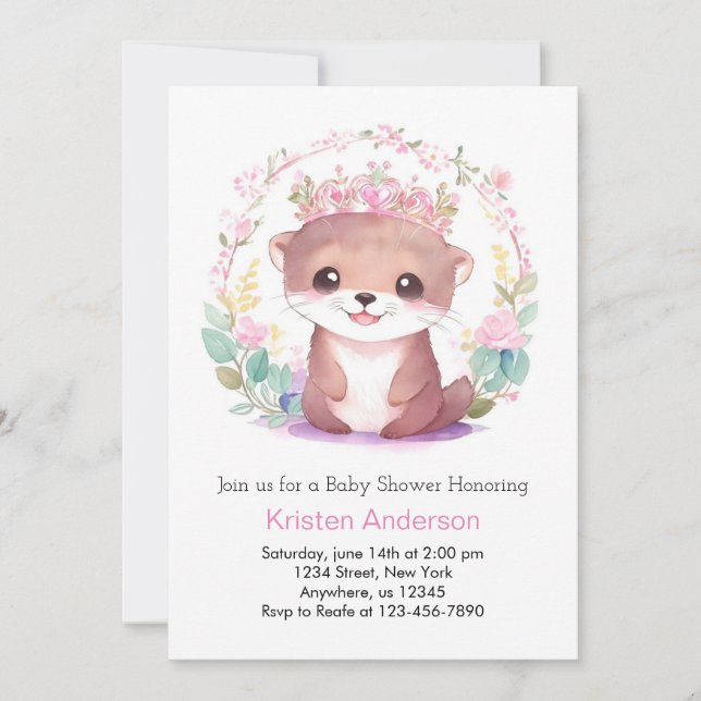 Enchanted Floral Otter Girl Baby Shower Invitation (Front)