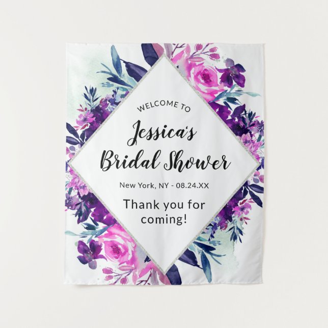 Enchanted Floral Purple Bridal Shower Welcome Tapestry (Front)