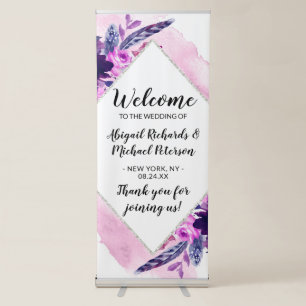 Enchanted Floral Purple Diamond Wedding Welcome Retractable Banner