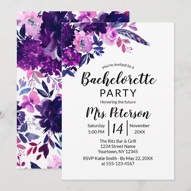 Enchanted Floral Purple Flower Bachelorette Party Invitation (Front/Back)