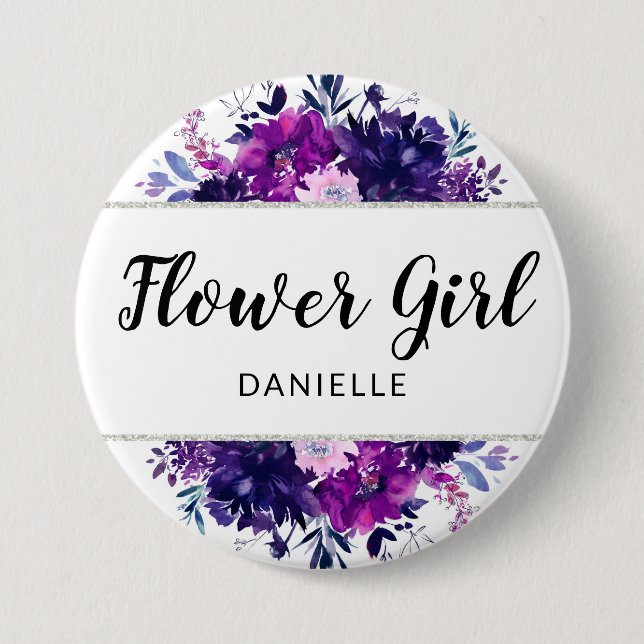 Enchanted Floral Purple Flower Girl Monogrammed 7.5 Cm Round Badge (Front)