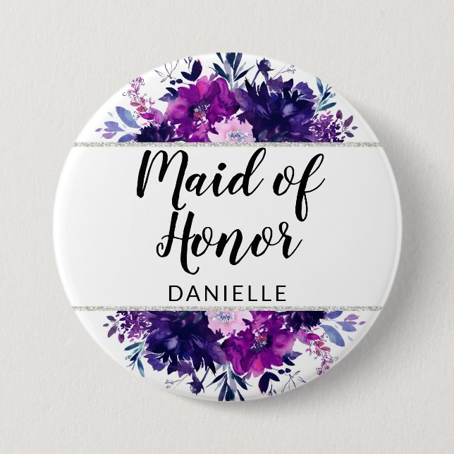 Enchanted Floral Purple Maid of Honour Monogrammed 7.5 Cm Round Badge (Front)