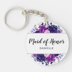 Enchanted Floral Purple Maid of Honour Monogrammed Key Ring