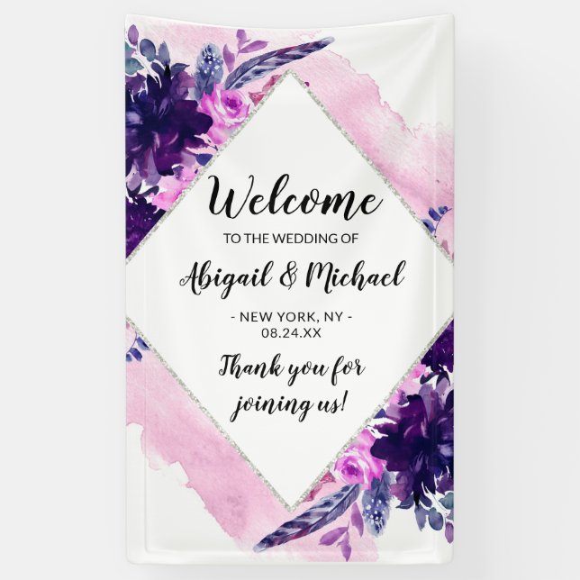 Enchanted Floral Purple Wedding Sign Welcome (Vertical)