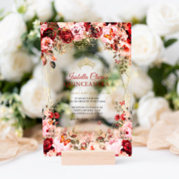 Enchanted Floral Scarlet Elegance Gold Quinceanera Acrylic Invitations