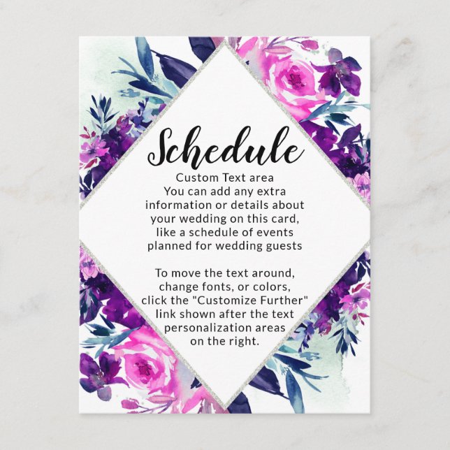 Enchanted Floral Violet Diamond Wedding Schedule Enclosure Card (Front)
