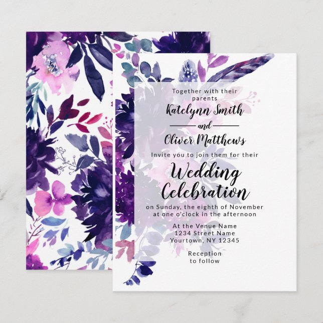 Enchanted Floral Violet Purple Feathers Wedding Invitation (Front/Back)