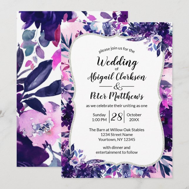 Enchanted Floral Violet Purple Watercolor Wedding Invitation (Front/Back)
