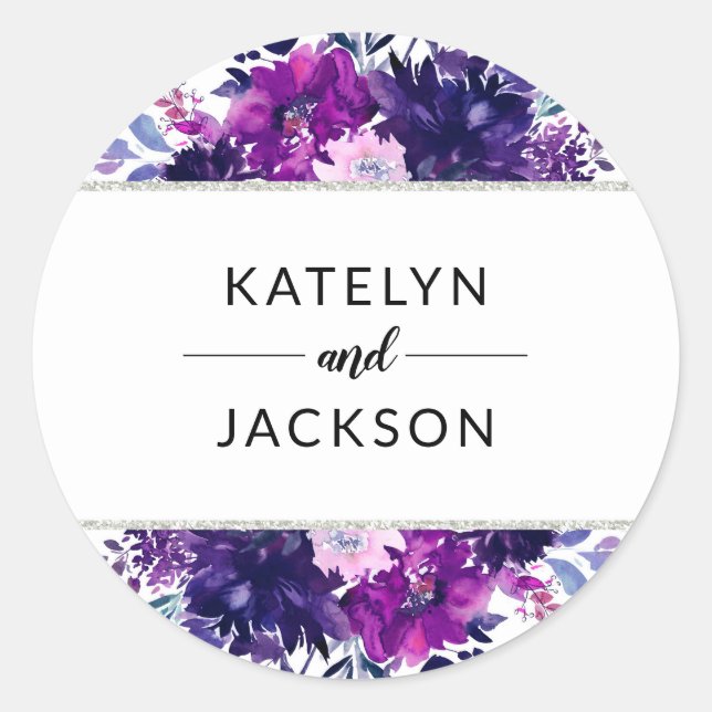 Enchanted Floral Violet Silver Wedding Monogram Classic Round Sticker (Front)