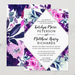 Enchanted Floral Violet Watercolor Diamond Wedding Invitation