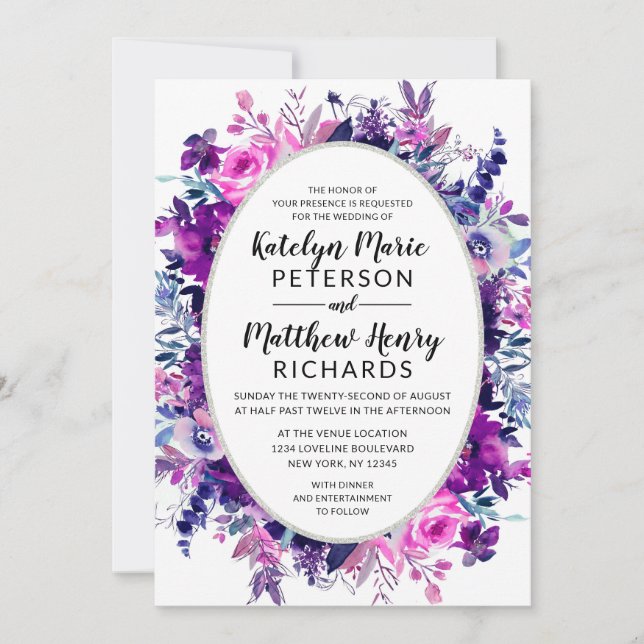 Enchanted Floral Violet Watercolor Oval Wedding Invitation (Front)
