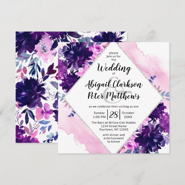 Enchanted Floral Violet Watercolor Wedding Square Invitation (Front/Back)