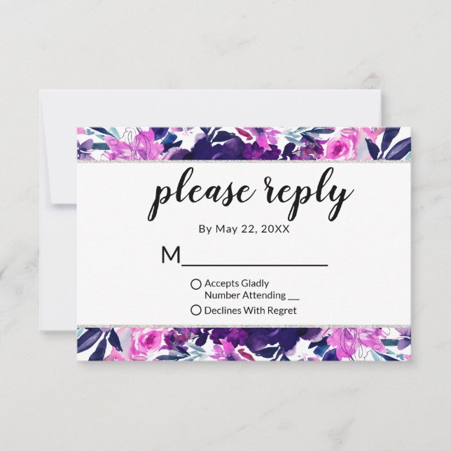 Enchanted Floral Violet Wedding Please Reply RSVP Card (Front)