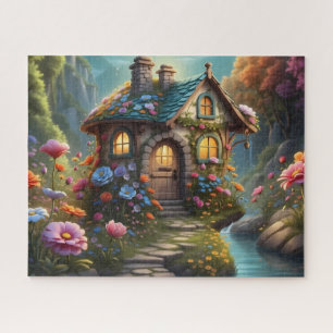 Enchanted Flower Cottage by Waterfall Jigsaw Puzzle