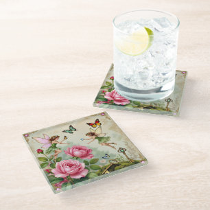 Enchanted Flroral Fairies Garden Glass Coaster