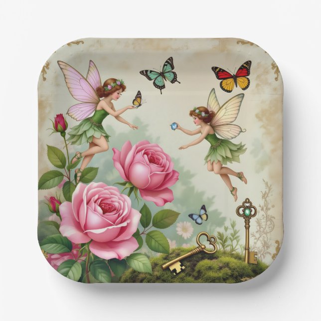 Enchanted Flroral Fairies Garden Paper Plate (Front)