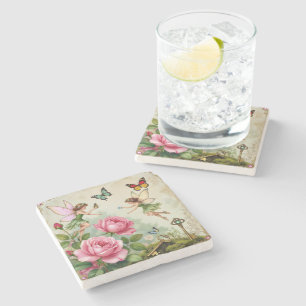 Enchanted Flroral Fairies Garden Stone Coaster
