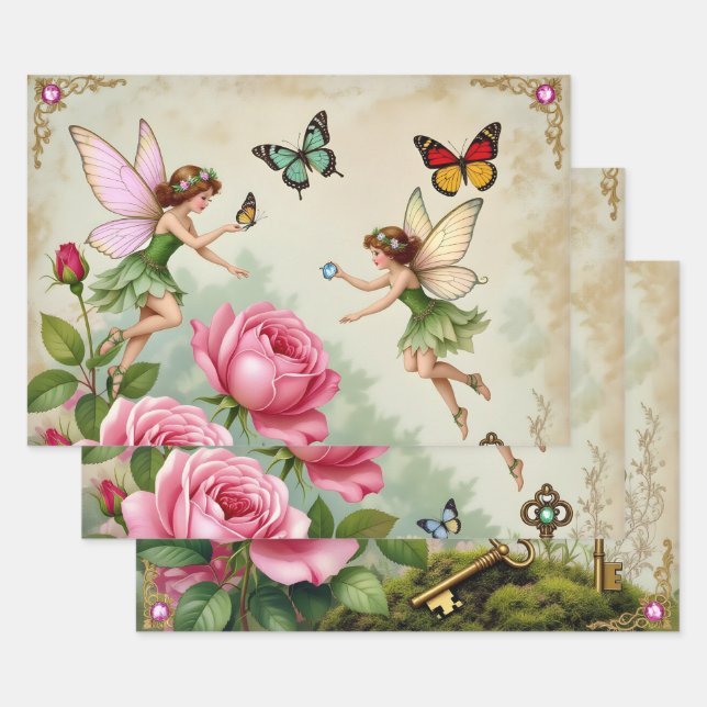 Enchanted Flroral Fairies Garden Wrapping Paper Sheet (Set)