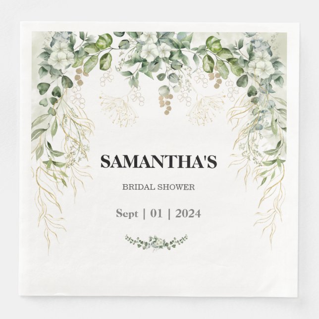 Enchanted Foliage Gold & Green Bridal Shower Napkin (Front)
