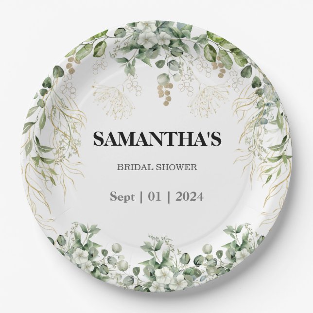 Enchanted Foliage Gold & Green Bridal Shower Paper Paper Plate (Front)