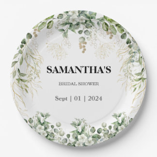 Enchanted Foliage Gold & Green Bridal Shower Paper Plate