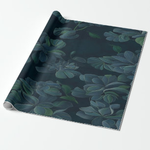  Enchanted Foliage: Green Leaves on Dark Blue 4 Wrapping Paper
