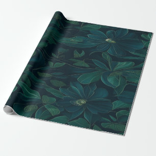 Enchanted Foliage: Green Leaves on Dark Blue Wrapping Paper