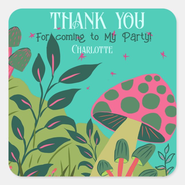 Enchanted Forest and Mushrooms Kids Birthday Party Square Sticker (Front)