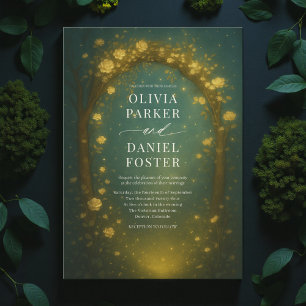Enchanted Forest Arch Gold Emerald Green Wedding Invitation