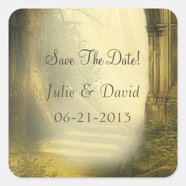 Enchanted Forest Arch Save The Date Square Sticker (Front)