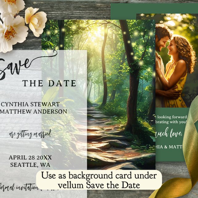 Enchanted Forest Background Save the Date Card (Enchanted forest Save the Date card featuring a sunlit path in a forest with sparkling fairy lights)