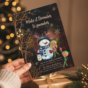 Enchanted Forest Black Gold Snowman Elves  Invitation