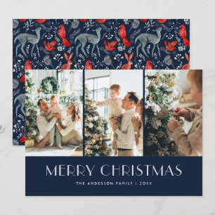 Enchanted Forest Blue Red Nordic Photo Collage Holiday Card