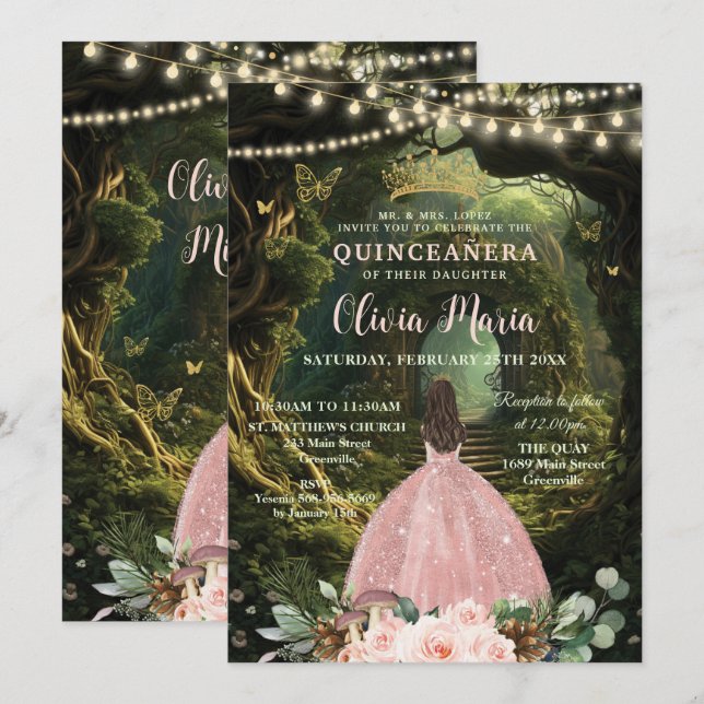Enchanted Forest Blush Floral Quinceañera Sweet 16 Invitation (Front/Back)