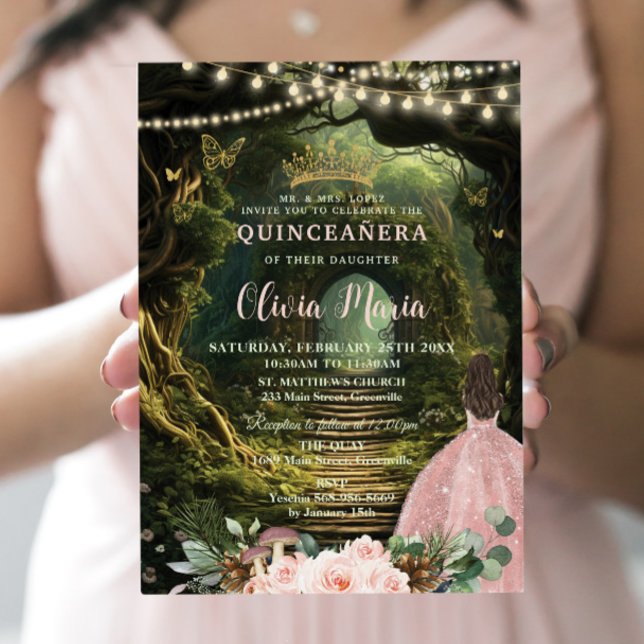 Enchanted Forest Blush Floral Quinceañera Sweet 16 Invitation (Creator Uploaded)