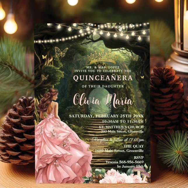 Enchanted Forest Blush Floral Quinceañera Sweet 16 Invitation (Creator Uploaded)