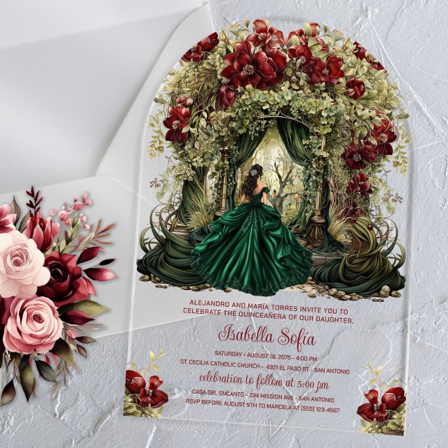 Enchanted Forest Burgundy Floral Arch Acrylic Invitations (Enchanted forest invitation with emerald green dress and floral forest entrance. Any occasion invite)