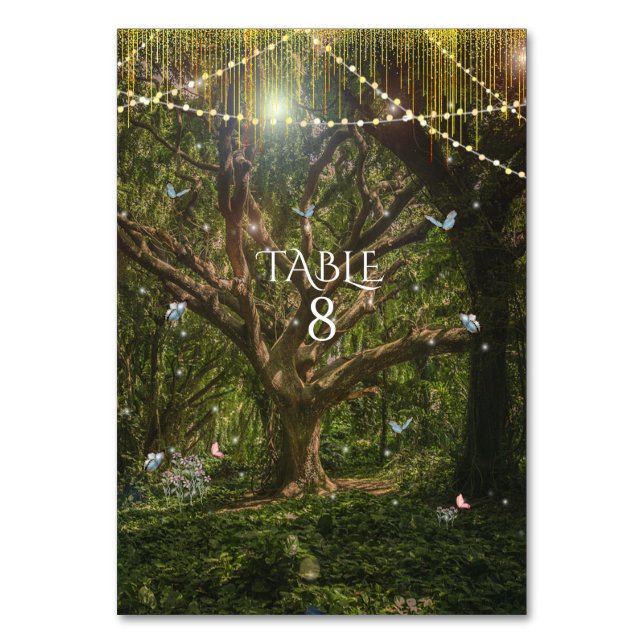 Enchanted Forest Butterflies Pin Flowers Lights Table Number (Front)