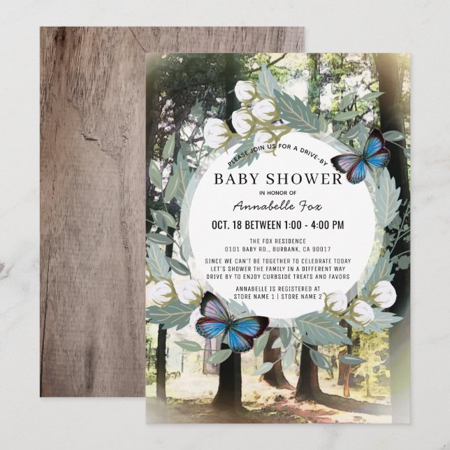 Enchanted Forest Butterfly Drive-by Baby Shower Invitation (Front/Back)