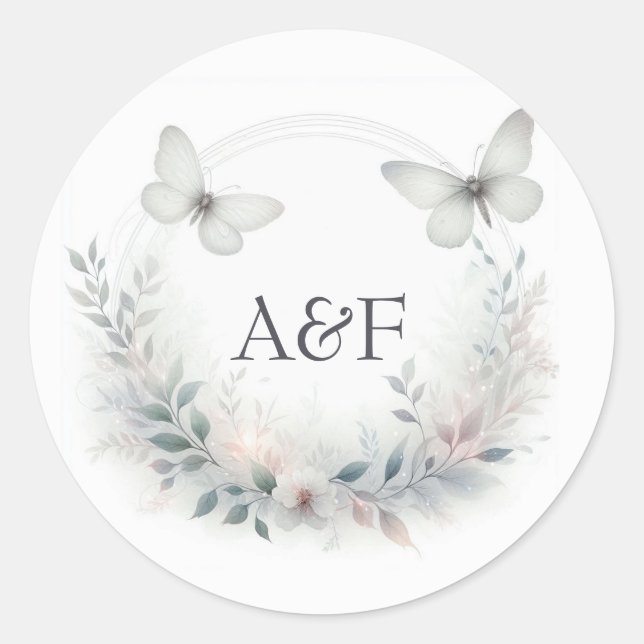 Enchanted Forest Butterfly Monogram Wedding Classic Round Sticker (Front)