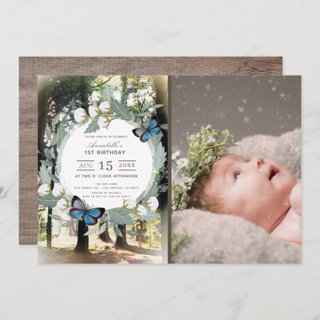 Enchanted Forest Butterfly Photo 1st Birthday Invitation (Front/Back)