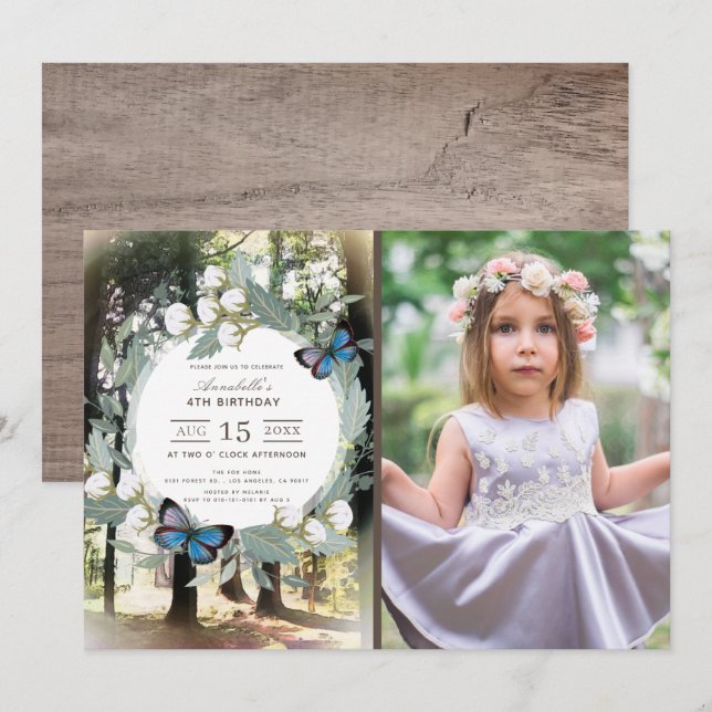 Enchanted Forest Butterfly Photo Girl Birthday Invitation (Front/Back)