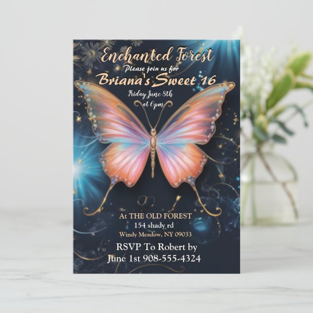 Enchanted Forest Butterfly Sweet 16 Invitation (Standing Front)