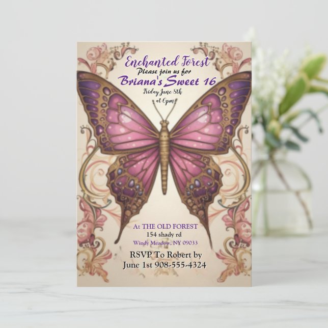 Enchanted Forest Butterfly Sweet 16 Invitation (Standing Front)