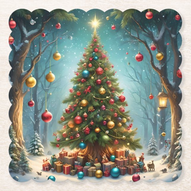 Enchanted Forest Christmas: Tree with Baubles Paper Coaster (Front)
