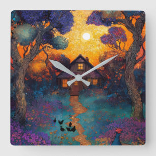 Enchanted Forest Cottage Wall Square Wall Clock