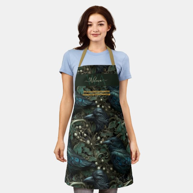 Enchanted forest crow green brown custom Monogram Apron (Worn)