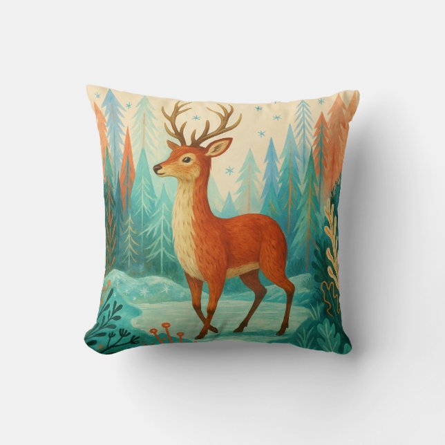 Enchanted Forest Deer – Whimsical Winter Woodland  Cushion (Front)