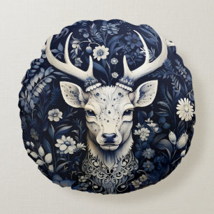 Enchanted Forest Deer Winter Bloom Round Cushion